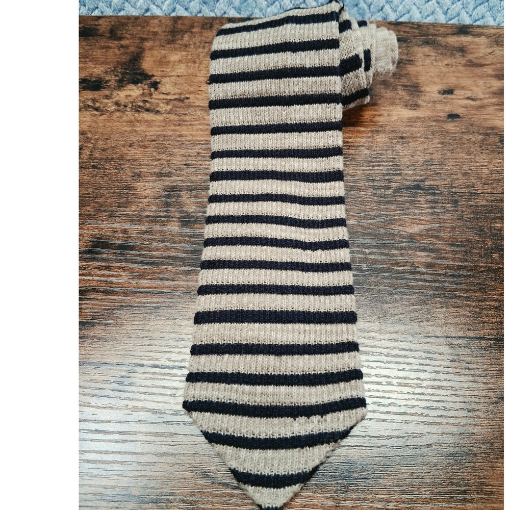 Andrew Scott Mens Knit Tie Navy Blue Tan Striped Cotton Wool Blend Made in USA